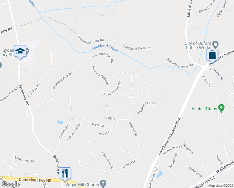 map of restaurants, bars, coffee shops, grocery stores, and more near 5091 Bramblewood Circle in Sugar Hill