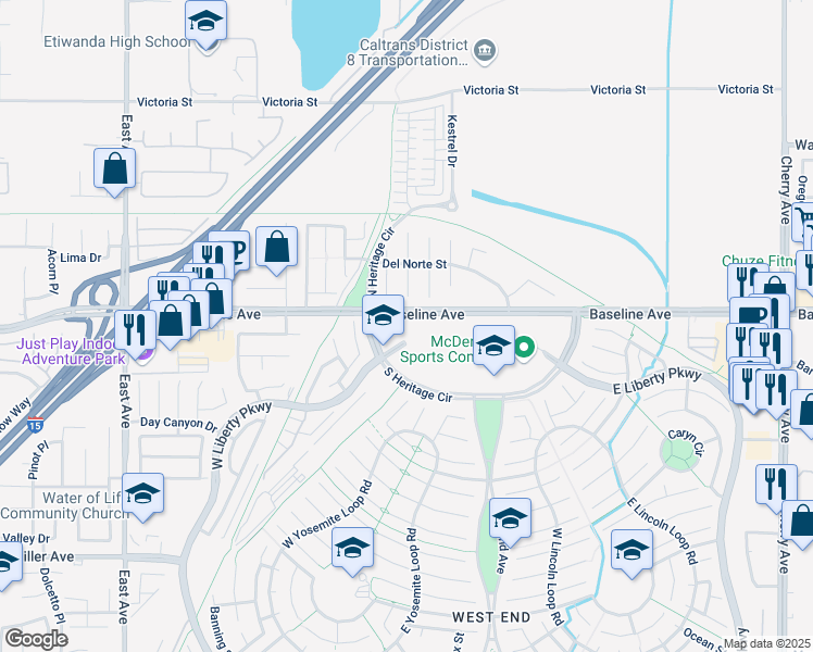 map of restaurants, bars, coffee shops, grocery stores, and more near 7350 West Liberty Parkway in Fontana