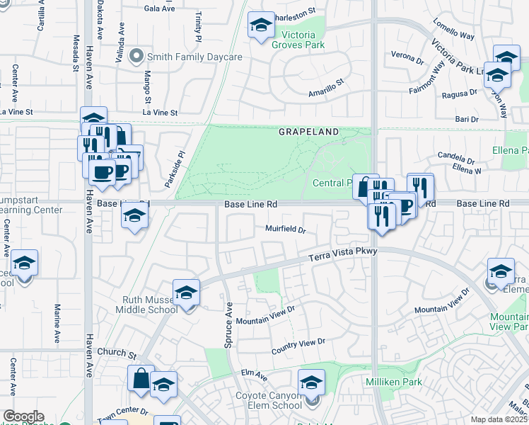 map of restaurants, bars, coffee shops, grocery stores, and more near 7328 Cascade Court in Rancho Cucamonga