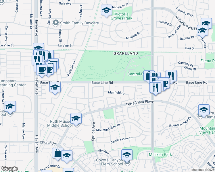 map of restaurants, bars, coffee shops, grocery stores, and more near 7328 Cascade Court in Rancho Cucamonga