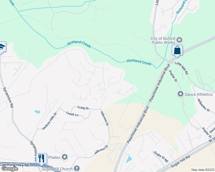 map of restaurants, bars, coffee shops, grocery stores, and more near 1570 Shire Village Drive in Sugar Hill