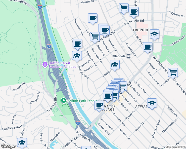 map of restaurants, bars, coffee shops, grocery stores, and more near 3436 Gardenside Lane in Los Angeles