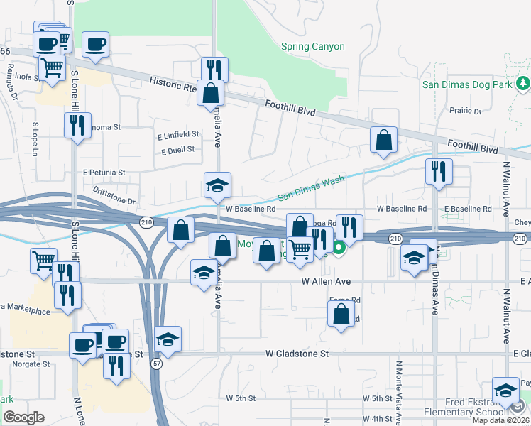 map of restaurants, bars, coffee shops, grocery stores, and more near 559 Conestoga Road in San Dimas