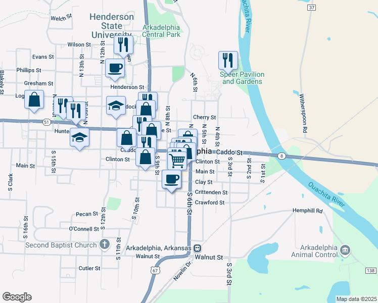 map of restaurants, bars, coffee shops, grocery stores, and more near 609 Caddo Street in Arkadelphia
