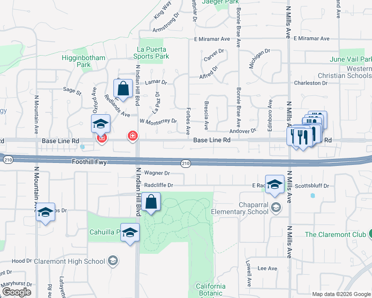 map of restaurants, bars, coffee shops, grocery stores, and more near 221 Wiley Court in Claremont
