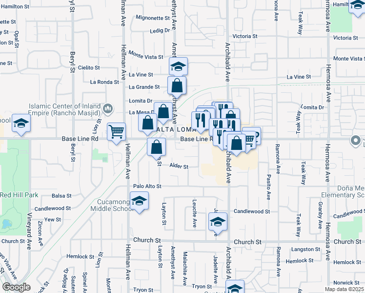 map of restaurants, bars, coffee shops, grocery stores, and more near 9519 Base Line Road in Rancho Cucamonga
