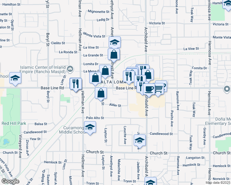 map of restaurants, bars, coffee shops, grocery stores, and more near 9519 Baseline Road in Rancho Cucamonga