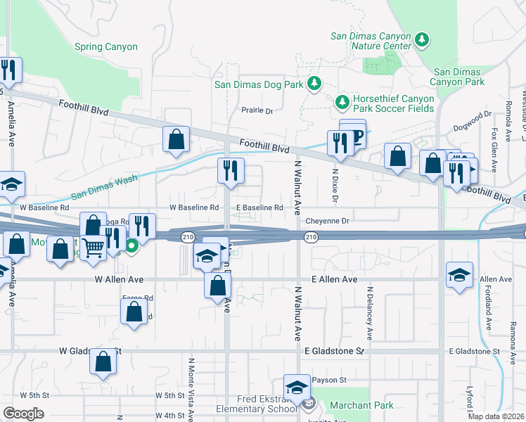 map of restaurants, bars, coffee shops, grocery stores, and more near 150 East Baseline Road in San Dimas