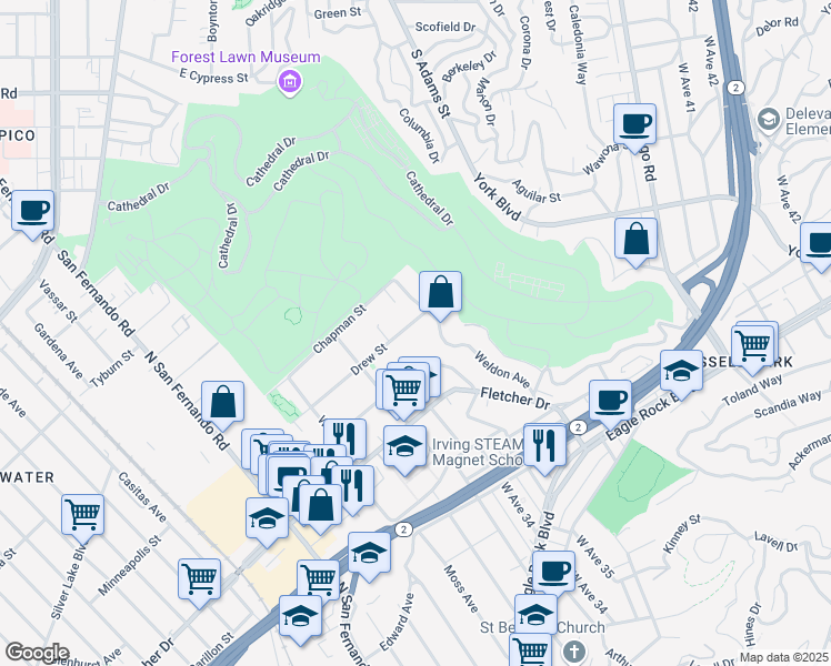 map of restaurants, bars, coffee shops, grocery stores, and more near 3418 Drew Street in Los Angeles