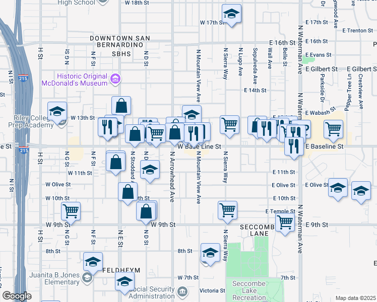 map of restaurants, bars, coffee shops, grocery stores, and more near 220 West Orange Street in San Bernardino