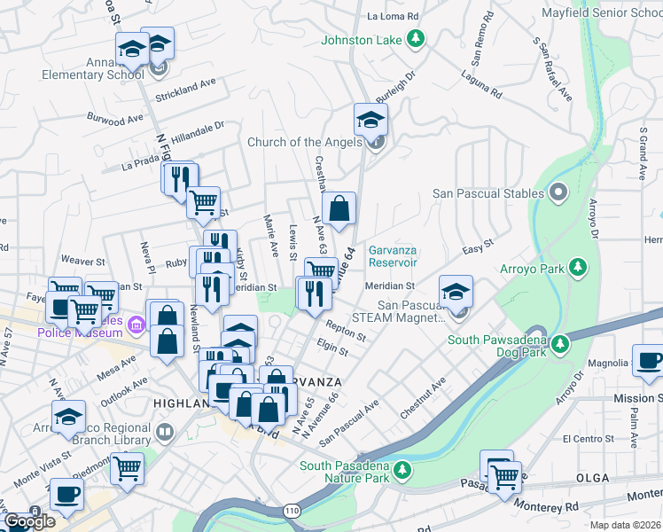 map of restaurants, bars, coffee shops, grocery stores, and more near 6318 Planada Avenue in Los Angeles
