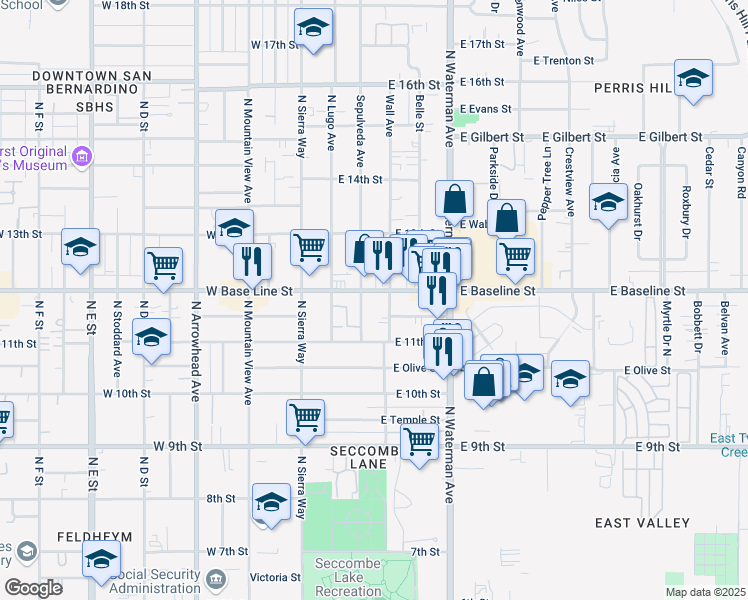 map of restaurants, bars, coffee shops, grocery stores, and more near 1165 Sepulveda Avenue in San Bernardino