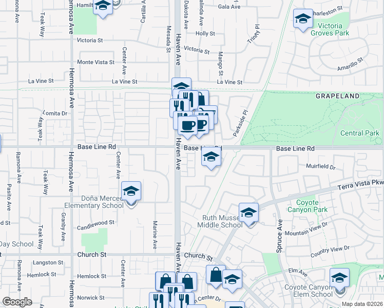 map of restaurants, bars, coffee shops, grocery stores, and more near 7345 Greenhaven Avenue in Rancho Cucamonga