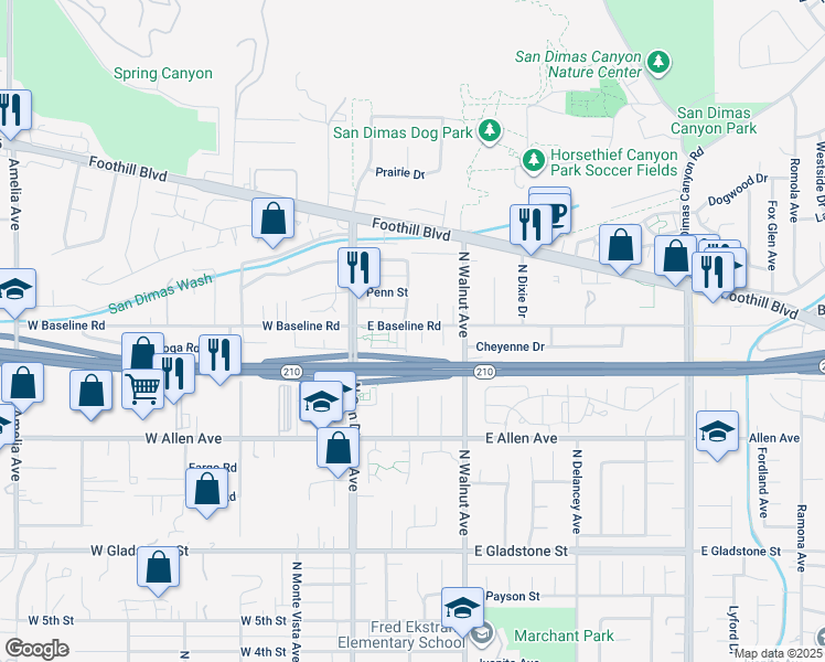 map of restaurants, bars, coffee shops, grocery stores, and more near 110 East Baseline Road in San Dimas