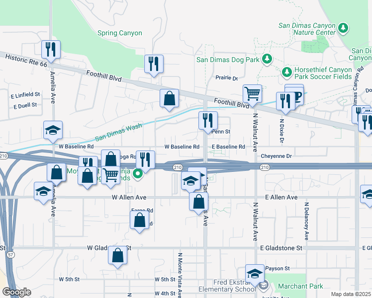 map of restaurants, bars, coffee shops, grocery stores, and more near 133 West Alford Street in San Dimas