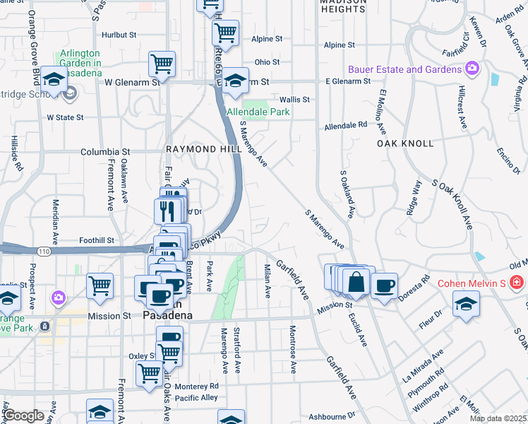 map of restaurants, bars, coffee shops, grocery stores, and more near 504a Hardison Place in South Pasadena