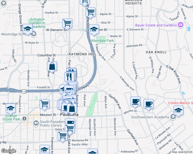 map of restaurants, bars, coffee shops, grocery stores, and more near 505 Garfield Avenue in South Pasadena
