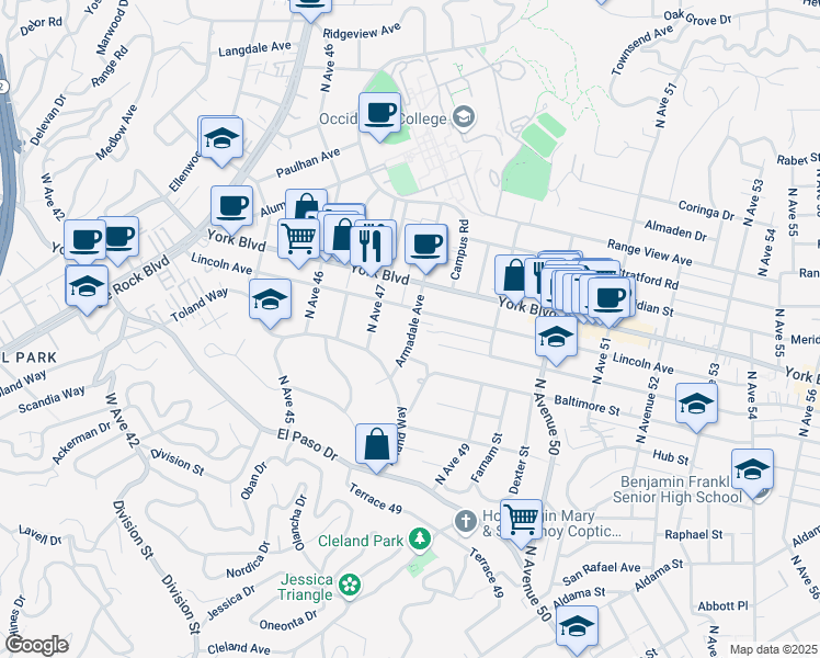map of restaurants, bars, coffee shops, grocery stores, and more near 4801 Buchanan Street in Los Angeles