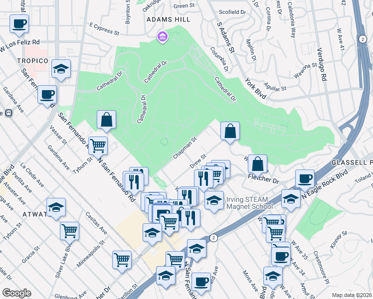 map of restaurants, bars, coffee shops, grocery stores, and more near 3221 Estara Avenue in Los Angeles