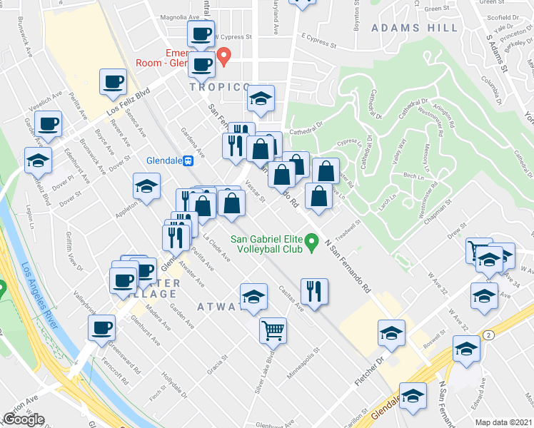 map of restaurants, bars, coffee shops, grocery stores, and more near 1920 Gardena Avenue in Glendale