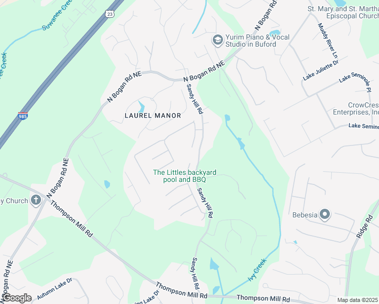 map of restaurants, bars, coffee shops, grocery stores, and more near 4162 Copper Creek Way Northeast in Buford