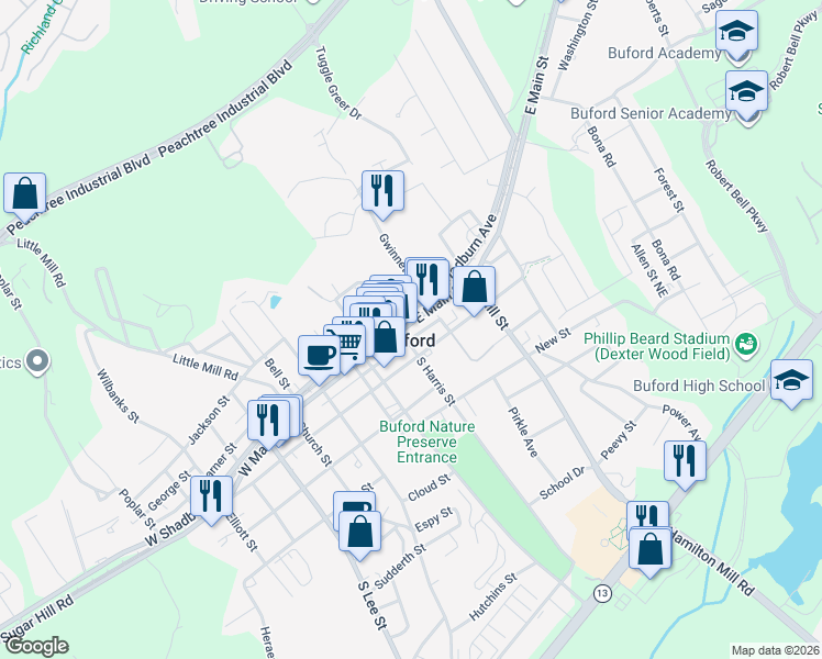 map of restaurants, bars, coffee shops, grocery stores, and more near 109 East Main Street Northeast in Buford