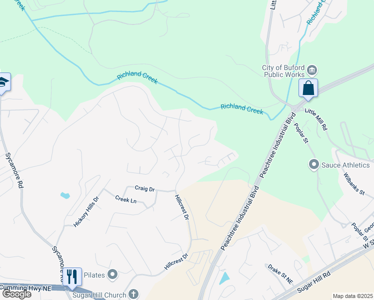 map of restaurants, bars, coffee shops, grocery stores, and more near 1570 Shire Village Drive in Sugar Hill