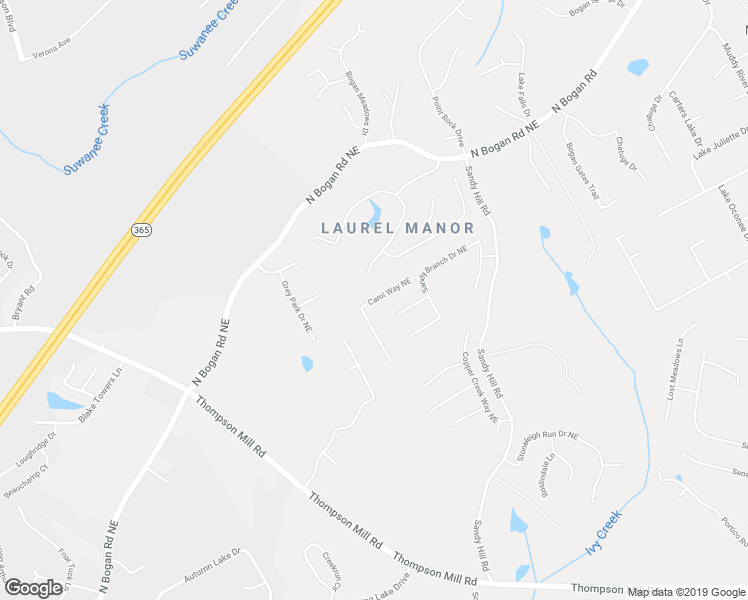 map of restaurants, bars, coffee shops, grocery stores, and more near Cami Way Northeast in Buford