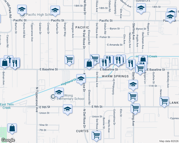 map of restaurants, bars, coffee shops, grocery stores, and more near 1639 East Baseline Street in San Bernardino
