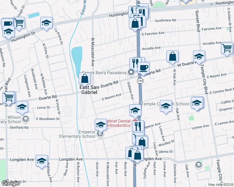 map of restaurants, bars, coffee shops, grocery stores, and more near 6737 North Lotus Avenue in San Gabriel