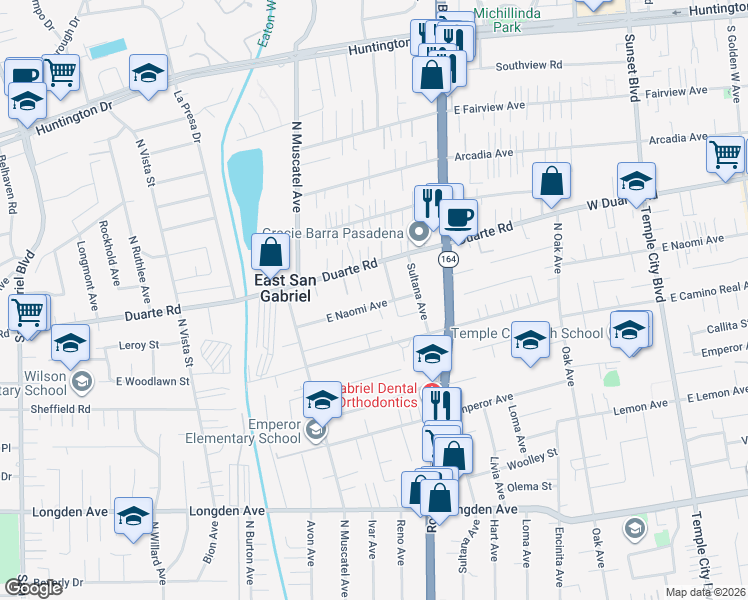 map of restaurants, bars, coffee shops, grocery stores, and more near 8847 East Naomi Avenue in San Gabriel