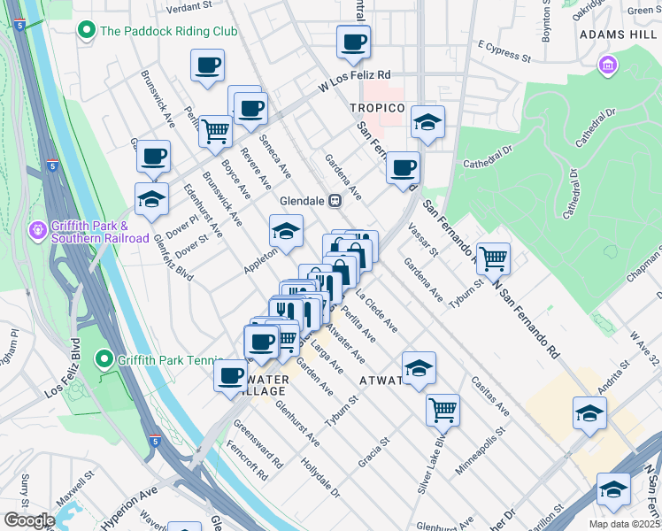 map of restaurants, bars, coffee shops, grocery stores, and more near 3641 Boyce Avenue in Los Angeles
