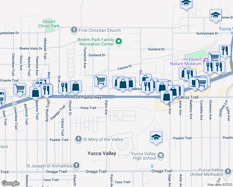 map of restaurants, bars, coffee shops, grocery stores, and more near 56546 29 Palms Highway in Yucca Valley