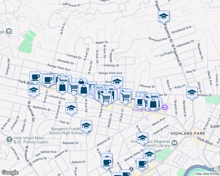 map of restaurants, bars, coffee shops, grocery stores, and more near 5623 Meridian Street in Los Angeles