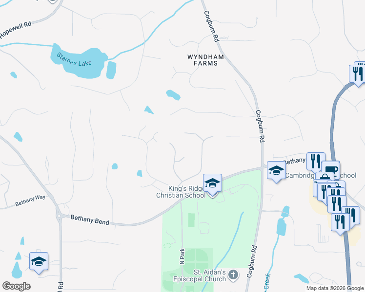map of restaurants, bars, coffee shops, grocery stores, and more near 535 Laurel Oaks Lane in Alpharetta