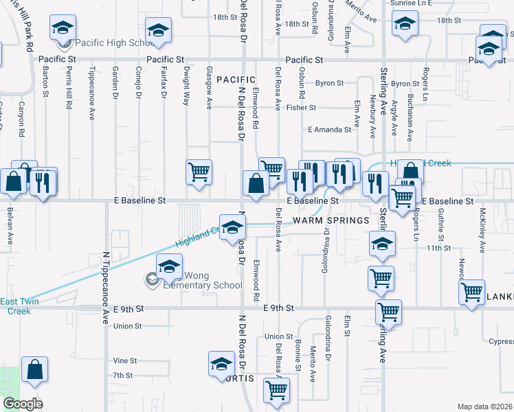 map of restaurants, bars, coffee shops, grocery stores, and more near 1639 East Baseline Street in San Bernardino