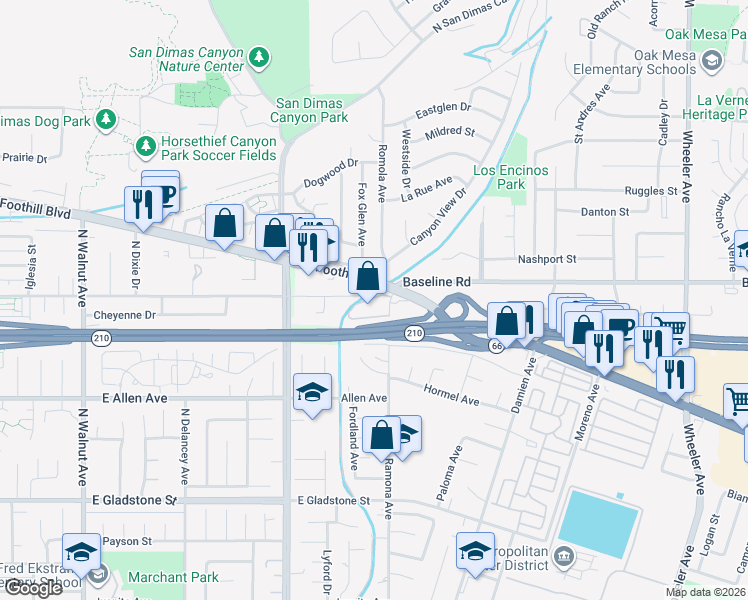 map of restaurants, bars, coffee shops, grocery stores, and more near in La Verne