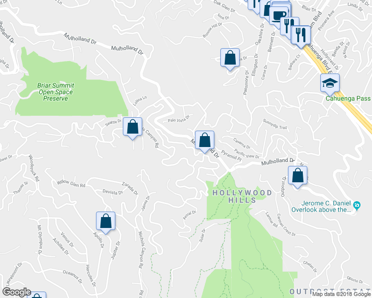 map of restaurants, bars, coffee shops, grocery stores, and more near 2745 La Cuesta Drive in Los Angeles