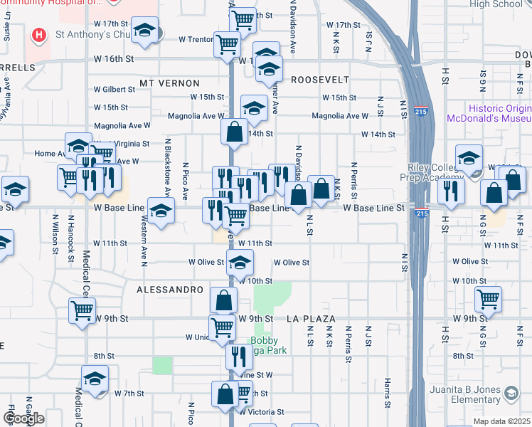 map of restaurants, bars, coffee shops, grocery stores, and more near 1217 West Base Line Street in San Bernardino