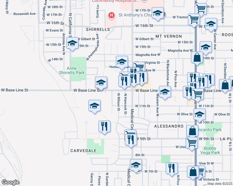 map of restaurants, bars, coffee shops, grocery stores, and more near 1147 Madison Street North in San Bernardino