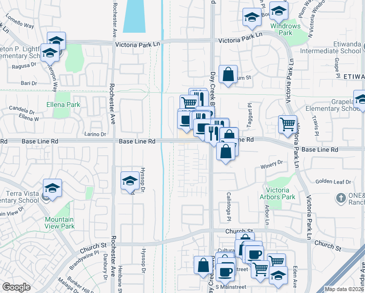 map of restaurants, bars, coffee shops, grocery stores, and more near 12173 Meridian Drive in Rancho Cucamonga
