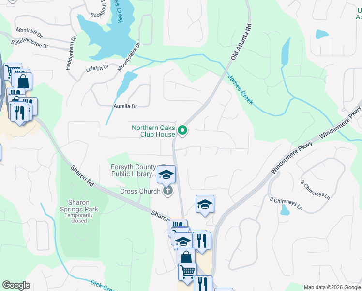 map of restaurants, bars, coffee shops, grocery stores, and more near 2715 Northern Oak Drive in Cumming