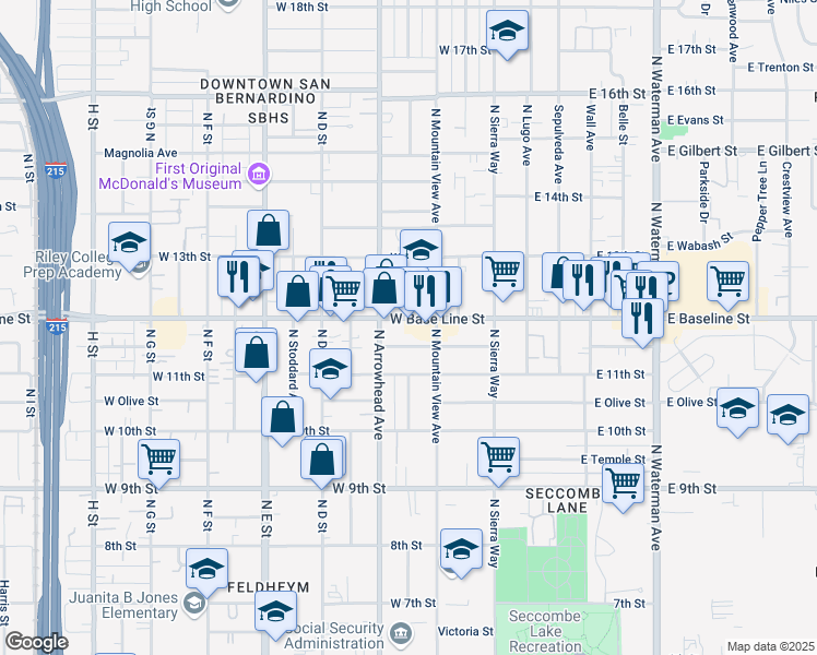 map of restaurants, bars, coffee shops, grocery stores, and more near 220 West Orange Street in San Bernardino