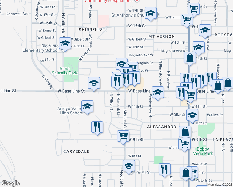 map of restaurants, bars, coffee shops, grocery stores, and more near 1655 West Base Line Street in San Bernardino