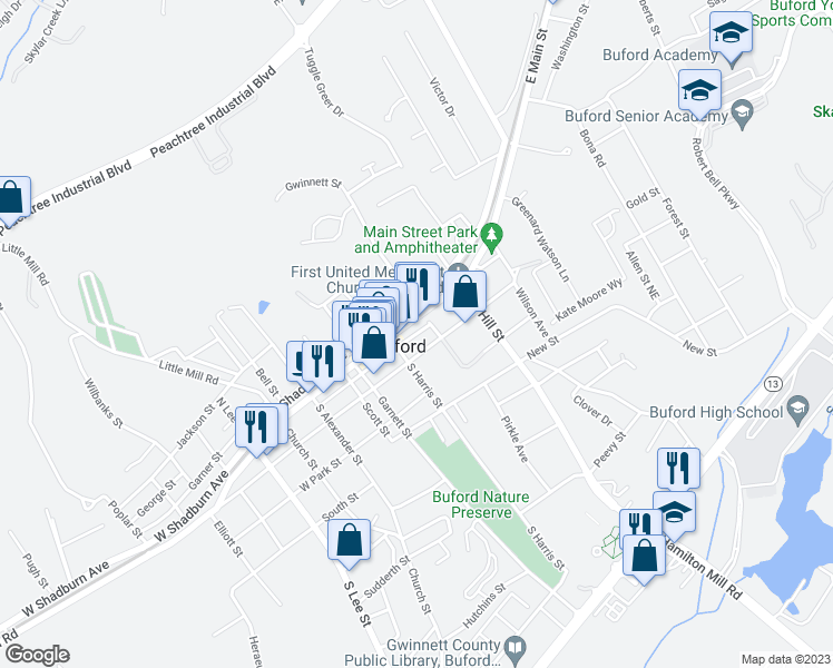 map of restaurants, bars, coffee shops, grocery stores, and more near East Jones Alley in Buford