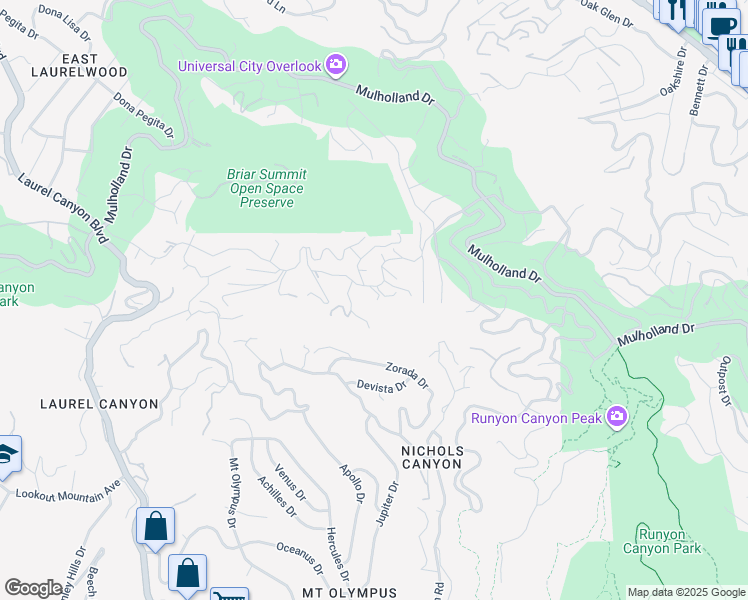 map of restaurants, bars, coffee shops, grocery stores, and more near 7692 Woodrow Wilson Drive in Los Angeles