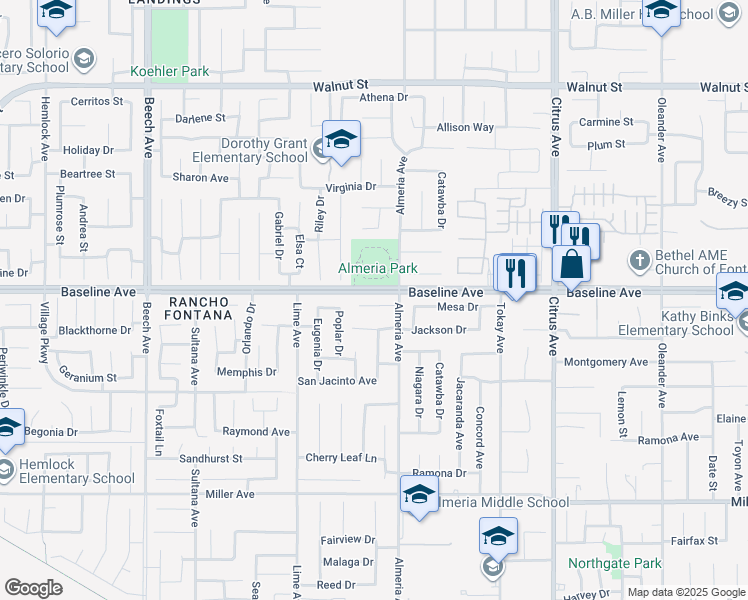map of restaurants, bars, coffee shops, grocery stores, and more near 15752 Mimosa Court in Fontana