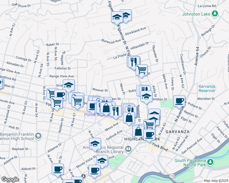 map of restaurants, bars, coffee shops, grocery stores, and more near 529 Meridian Terrace in Los Angeles