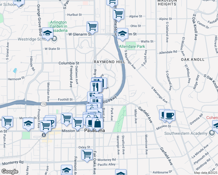 map of restaurants, bars, coffee shops, grocery stores, and more near Raymondale Drive & Ellincourt Drive in South Pasadena