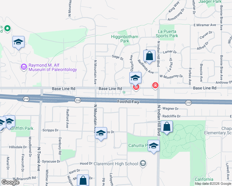 map of restaurants, bars, coffee shops, grocery stores, and more near 663 Huron Place in Claremont